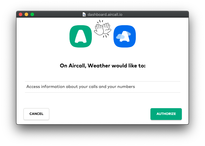 Aircall Authorize popup